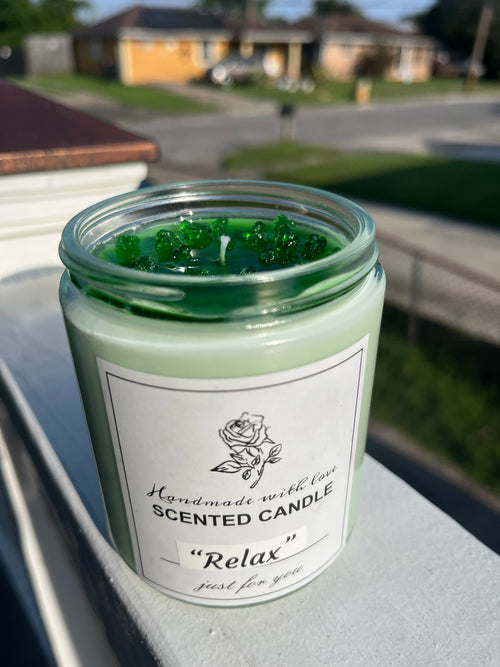 Relax eucalyptus and spearmint scented candle with green wax and crystal topper by Scent of Galore